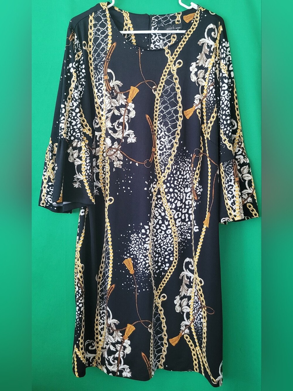 Black & Gold Chain Print Bell-Sleeve Dress Sz 1x Women Violet B. Shift Career